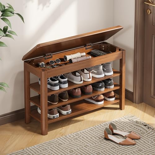 IUNVR Shoe Rack Bench Seat Rubberwood 3-Tier Wooden Storage Bench 550lbs Compact Mid-Century Modern Design for Entryway, Hallway, Closet, Front Door Entrance, Foyer