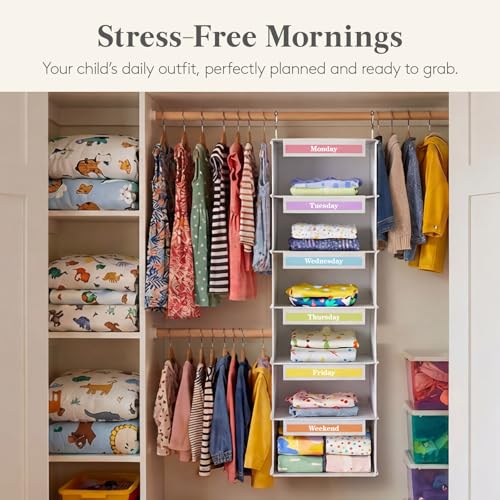 Lifewit 6 Shelf Weekly Hanging Clothes Storage Organizer for Kids, White | Closet Storage with Color Labels for School Outfits, Daily Clothing Divider with Days of The Week Monday to Friday Weekend