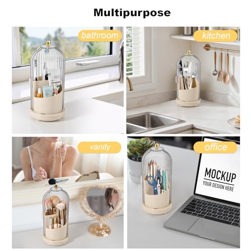 Toothbrush Holders with Cover Toothpaste Organizer for Bathroom, Beige | 360° Rotating, Dustproof Sliding Lid, Drainage Holes, Waterproof, for Kids Electric Toothbrush Makeup Brush Storage