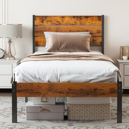 Sweetcrispy Twin Size Metal Platform Bed Frame - Mattress Foundation with Headboard and and Footboard, No Box Spring Needed with 500LBS Sturdy Wooden Slats Support, Noise Free, Easy Assembly