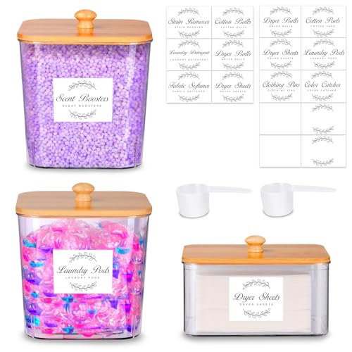 efluky 3 Pack Laundry Pods Container & Dryer Sheet Holder Set,Clear Laundry Room Organization Containers with Bamboo Lids and Labels,Laundry Pods Holder for Scent Booster,Powder,Pod