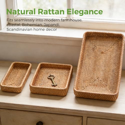 Rattan Serving Tray,Rectangle Wicker Storage Basket Set of 3 for Organizing | Natural Rattan, Decorative Serving Woven Trays Wicker Baskets for Storage, Home Decor, Bathroom, Kitchen Counter