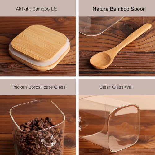 HHMJSM 6 Pcs Square Glass Jar with Bamboo Lid and Spoon - 27 oz Large Sugar Container with 148 Kitchen Pantry Spice Jar Labels Preprinted - Glass Containers with Wooden Lids Hold Coffee, Tea, Candy