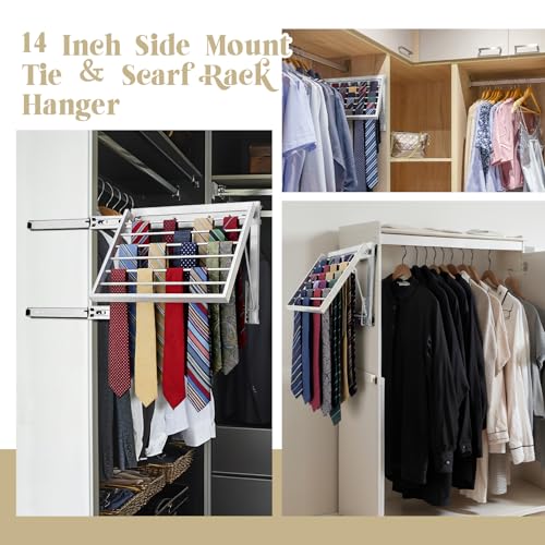 Blulu 13.8'' Sliding Tie Rack for Closet(Right Pull-Out), 60 Tie Pull Out Belt Hanger Wall Mounted Extending Metal Belt Organizer,Sliver