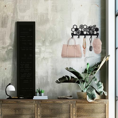 MAYJOYDIY Bee Beehive Metal Key Hook Honey Bee Flowers Coat Rack Wall Mounted 9.8×4.7inch Honeycomb Insect Black Art Key Holder with 5 Hooks for Gift Kitchen Bathroom Clothes Storage