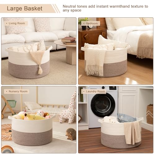 OIAHOMY 90L XXXLarge Blanket Basket for Living Room, 21.7" x 13.8" Woven Cotton Rope Laundry Basket for Organizing Pillows, Decorative Stuffed Animal Toy Storage for Nursery, White and Linen Brown