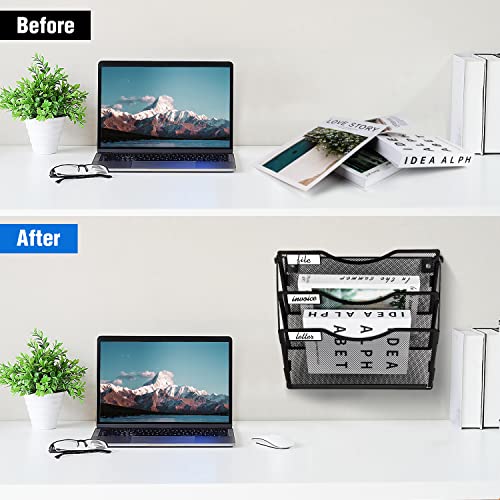 Wall File Organizer 3 Pockets, Mail Organizer, Hanging Folder Holder, Foldable | Hanging or Wall Mounted | Label Panel | 2 Hooks | Office Home School Organizer, Black