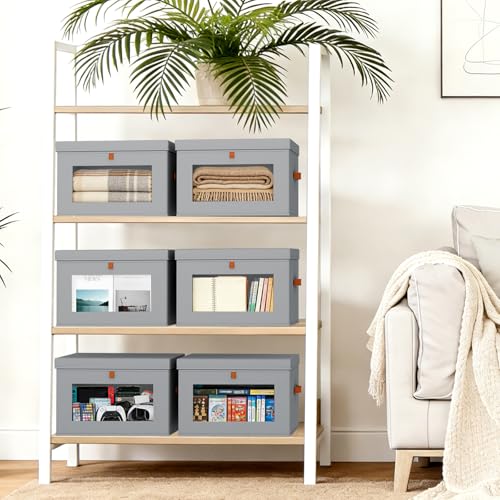 DIMJ Storage Bins with Lids - 4 Pack Large Fabric Closet Organizer with Window & Handles, Collapsible Decorative Storage Boxes for Shelves Under Bed, Books Clothes Blankets Sweaters Organization