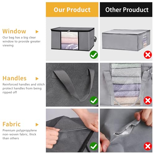 3 Pack Storage Bags, 45L Foldable Clothes Storage Bins with Lids, Closet Organizers Blanket Storage Bags with Zippers Clear Window Sturdy Handles for Clothing Bedding Comforter Sweater Pillows (Gray)