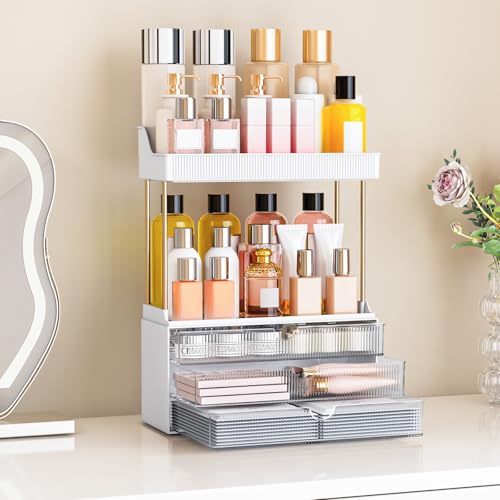 3-Drawer 2-Tier Acrylic Makeup & Bathroom Vanity Organizer | Clear,3 smooth drawers, 2 open shelves, dustproof, wipe clean, for large skincare, perfumes, lipsticks, dresser, counter