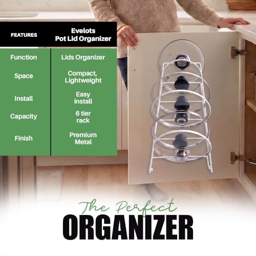 Evelots 6 Pot Lid Organizer for Cabinet Door or Pantry Wall - Closet Door Pots and Pans Lids Holder - Glass or Metal Pan Covers Cabinet Organizer Kitchen Storage - White 6 Tier Lid Rack