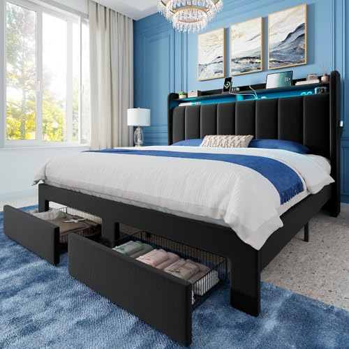 Allewie Queen Bed Frame with 2-Tier Storage Headboard & 2 Large Drawers