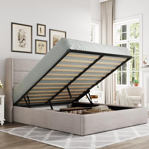 Allewie Queen Size Lift Up Hydraulic Storage Bed Frame Light Beige