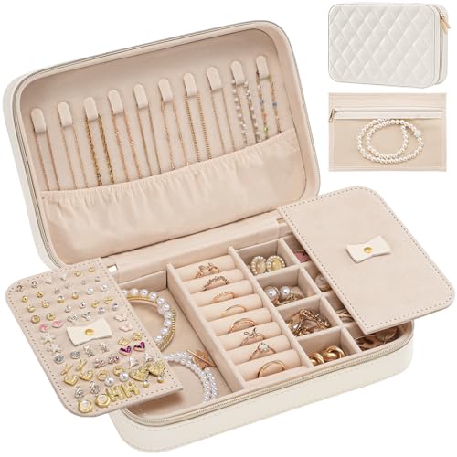 Travel Jewelry Case for Women Girls -Medium, White (White | Faux Leather)