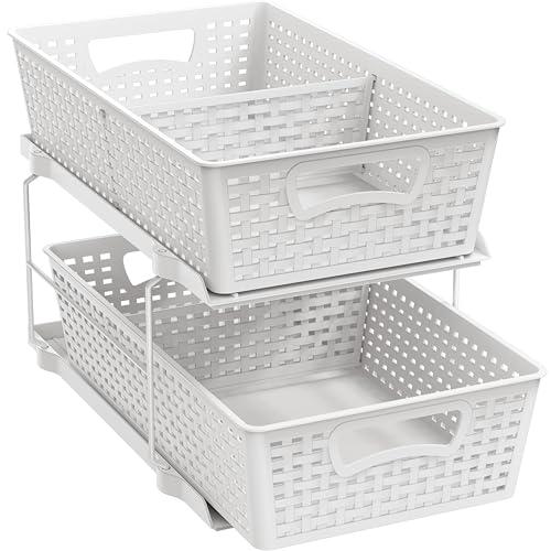 Simple Houseware 2 Tier Pull-Out Sliding Drawer Under Sink Storage, White | Great for Kitchen Bathroom Tray Shelf Organizer