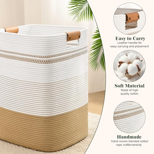 Laundry Hamper, 85L Tall Laundry Basket with Leather Handles, Rectangle Large Clothes Hamper for Organizing, Cotton Woven Laundry Baskets Storage Hampers for Bedroom, Nursery, Living Room