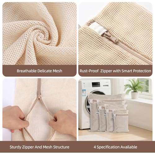 100% Cotton Mesh Laundry Bags, Premium Soft, No Dye, Set of 4, Natural