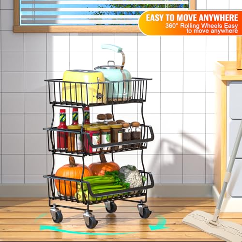 Gsiekare 3-Tier Rolling Pantry Organizer and Storage Cart with Wheels | Stackable wire pantry baskets for pantry shelves, fruit basket stand, easy to move, storage rack for food snack onion potato