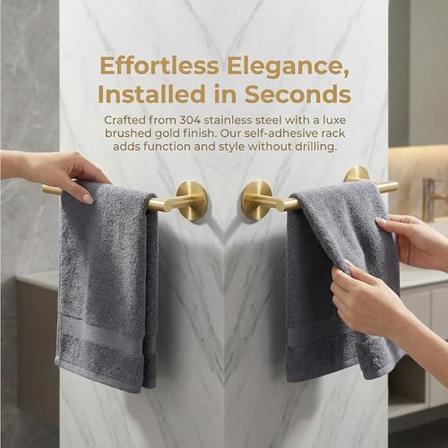 9" Self Adhesive Brushed Gold Towel Holder, No Drill Small Bathroom Organizer, 304SS