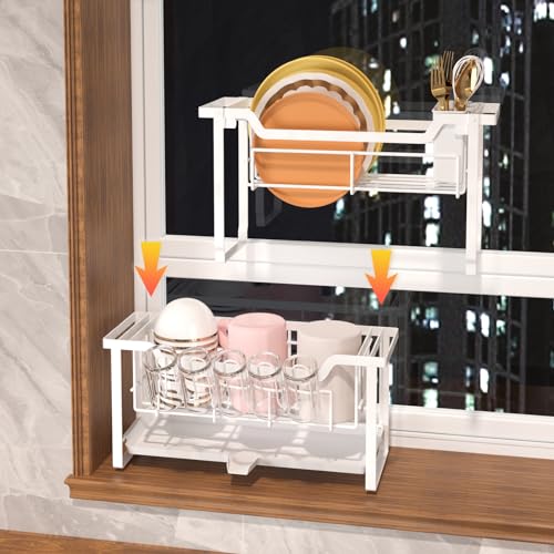 Dish Rack with Drainboard, Organizes Dishes and Bathroom Items for Narrow Spaces, Two-Story Drying Rack Fits 12 Plates 12 Bows 5 Glasses 4 Hooks and Some Cutlery, White