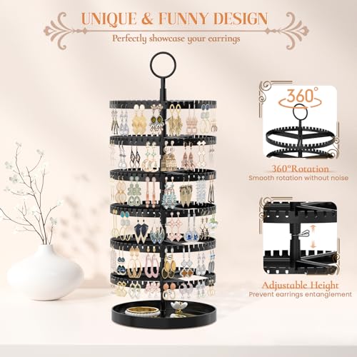 iDavosic.ly 6 Tier Rotating Earring Holder Organizer, Metal Tray, Black | Space Saving Display Stand Tree, Large Capacity Storage Rack with 342 Plastic Grooves, Adjustable for Long Dangle Hoop & Stud