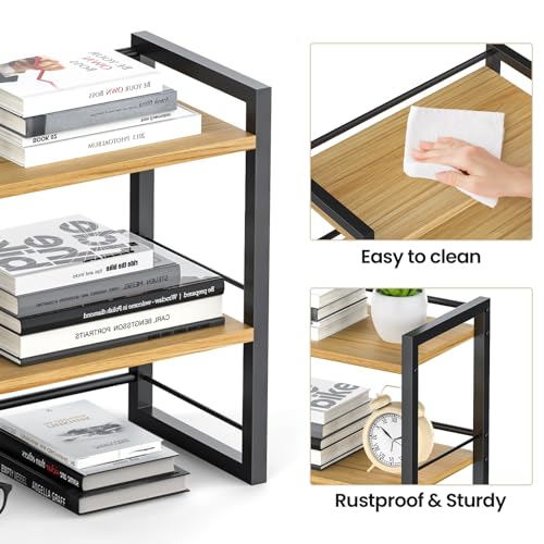 Office Desk Shelf Organizer, Wood Desktop Bookshelf Supplies Storage Rack, Shelf for Top of Desk and Dresser (Black-2 Tier)