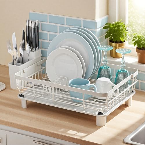 MOUKABAL Dish Drying Rack with Drainboard for Kitchen Counter, White | 13×17 Large Capacity/Rustproof Stainless Steel/Fast Drainage Dish Drainer/Removable Utensil Holder/Kitchen Counter Organizer