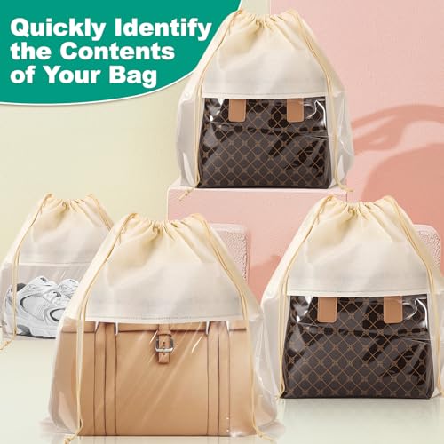 12 PCS Dust Bags for Handbags, Drawstring Bags, Beige, 4 Size | Dustproof Breathable Non Woven Fabric Cloth Pouch Bag, Purses Organizers Storage Bags for Handbags Shoes Purses