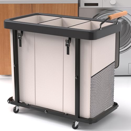 Laundry Hamper 3 Section,230L (60Gal) Rolling Dirt... (White-3 Section)