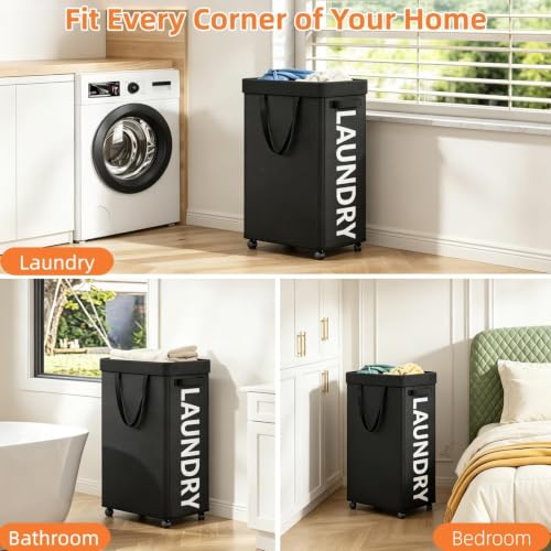 Optish Laundry Basket with Wheels, 90L Rolling Laundry Hamper with Wheels, Large Clothes Hamper on Wheel with Removable Mesh Bag for Bedroom, Dorm Room Essentials, Black