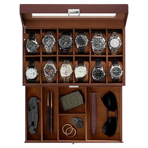 ProCase Watch Box, 12 Slot Watch Case for Men with Drawer, Espresso | 2-Layer Watches Display Case with Glass Lid, Mens Jewelry Box Storage Holder Organizer, Anniversary Christmas Birthday Gift