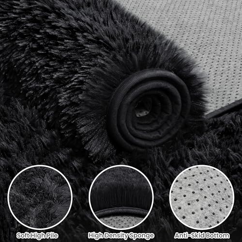6x9 Black Fluffy Fuzzy Shag Area Rug for Living Room, Bedroom, Dorm Carpet | Ultra Soft, Non-Slip & No-Shedding, Plush, Cozy Modern Indoor Floor Home Decor for Kid Rooms, Nursery, Girl Playroom, Office