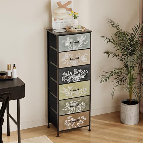 Vintage Dresser Vertical Nightstand with Neutral Botanical Plant Fabric Chest Drawers for Closet Bathroom Storage Tower Unit Bed Side Organizer Farmhouse Rustic (Multi, 6 Drawers)