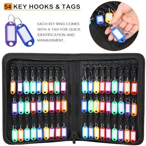 Zippered Key Case, Portable Key Organizer with Handle, Waterproof & Fireproof Key Binder with 54 Hooks and Tags, Key Box Organizer for Estate Sales, Hotel Executives, Landlord, Car Rental