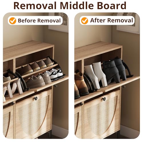 IRONCK Rattan Shoe Cabinet Storage with 4 Flip Drawers, Oak | Freestanding Shoe Storage Organizer Cabinet for Entryway, Narrow Shoe Rack Cabinet