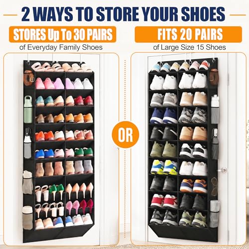 20-30 Pairs Over the Door Shoe Organizer with Side Mesh Pockets, 10-Tier Hanging Shoe Storage for Closet, Breathable Door Shoe Rack Holds Sneakers, Boots, Heels & Daily Essentials, Black