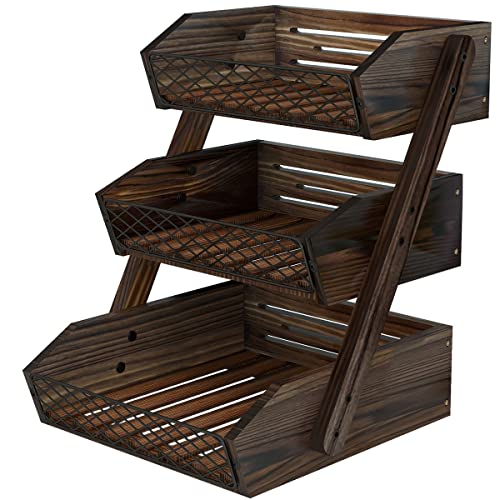 Dorhors Fruit Basket for Kitchen Counter Organizer,Fruit Bowl Stand Storage | 3 tier Rustic Brown Vegetable Holder,Wood Bread Display Rack,Kitchen Countertop Organizer Shelf for Snack,Onion,Banana,Potato