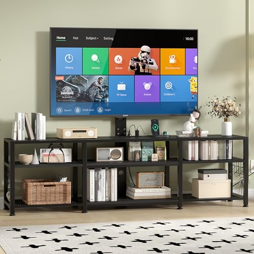 VECELO 63" TV Stand with Mount and Power Outlets, Entertainment Center Console with Open Storage Shelves, Height Adjustable up to 75”, Wooden Table and Metal Frame for Living Room, Matte Black