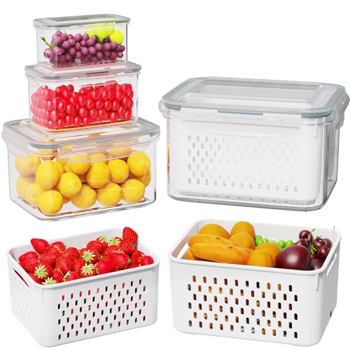 Dayacoco Fruit Storage Containers for Fridge 4 Pcs with Drain Basket | Fridge organizers & storage - 4 fruit containers w/ drain baskets, BPA-free PP, leak-proof seal, stackable, DW/MW safe.