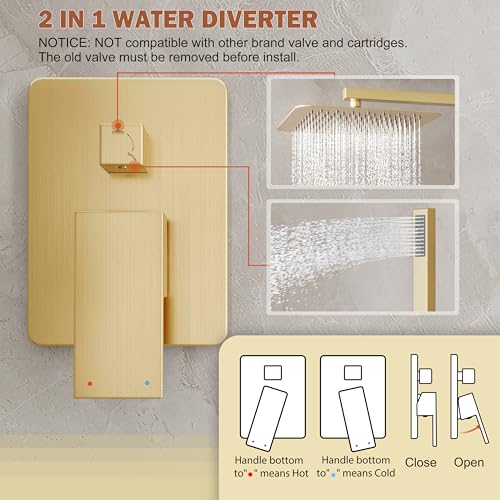 10" Rain Gold Shower System with Handheld & Valve, Brushed Gold | Wall-Mounted High-Pressure Shower Faucet Combo Set, 10-Inch Rain Shower Head with Handheld Spray,Includes Valve and Trim Kit