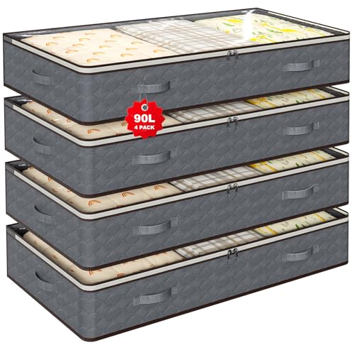 90L Under Bed Storage Containers,4-Pack Closet Organizer Storage Bins ,Grey | for Organization and Storage Clothes, Shoes, Blankets & Pillows,Visible Transparent Top Storage Bins with Lids