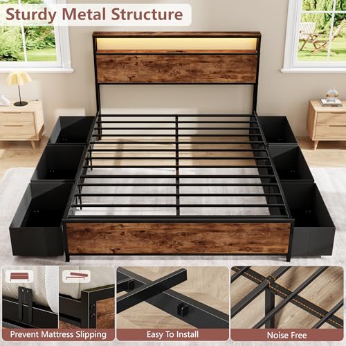 Forestell Queen Bed Frame with 2-Tier Storage Headboard & 6 Drawers