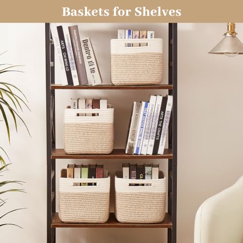 OIAHOMY 4 Pack Storage Basket, 13"x9"x7.8" Cotton Rope Baskets for Shelves, Closet Organizer for Bedroom & Living Room, Soft Decorative Bins for Organizing Towels, Books & Toys, Brown & White