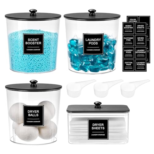 Laundry Pods Container & Dryer Sheet Holder, Laundry Room Organization and Storage Jars with Lids, Labels & Scoops for Powder Detergent Scent Booster, Black Lid