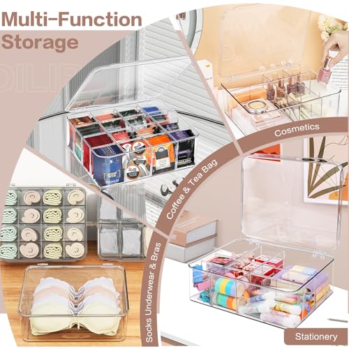 Socks Underwear Drawer Organizer for Closet, 16 Compartment Removable Divided Plastic Clear Sock Storage Box with Lid, Underwear Storage Tie Organizer Box for Bra Socks Ties Scarf Tea Bag