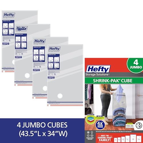 Hefty Shrink-Pak Vacuum Storage Bags – For Clothes, Pillows, Towels, Blankets & More – Space Saver Vacuum Suction Sealer Bags for Home or Travel – 4 Jumbo Cubes, 43.5 x 34 x 18 Inches