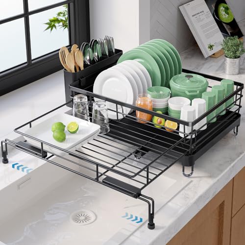 Adjustable Dish Drying Rack, 15.6''-25.2''L × 16.9... (Black | Metal, Plastic)