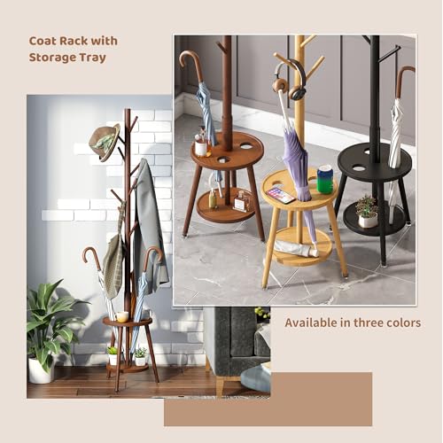 Freestanding Coat Rack with Umbrella Organizer Tray Bamboo Coat Tree Rack with 8 Hook Stand for Clothes Bag Hats Entryway Hanger Stand(Brown)