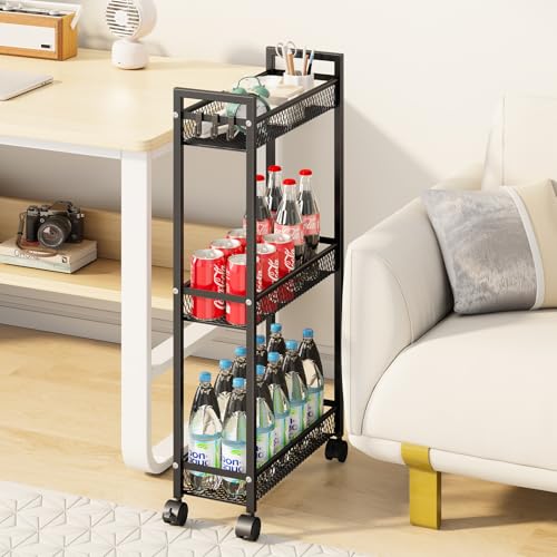 Slim Rolling Storage Cart, Metal 3 Tier Bathroom Storage Organizer Laundry Room Utility Cart for Kitchen, Bthroom, Makeup, Craft, Laundry Narrow Places, Black