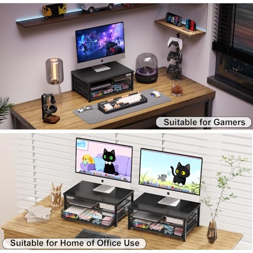 Computer Monitor Stand Riser, Desk Organizer with Drawer, Printer & Laptop Stand, Office Desk Accessories & Workspace Desktop Organizers Storage for Office Supplies(Black)